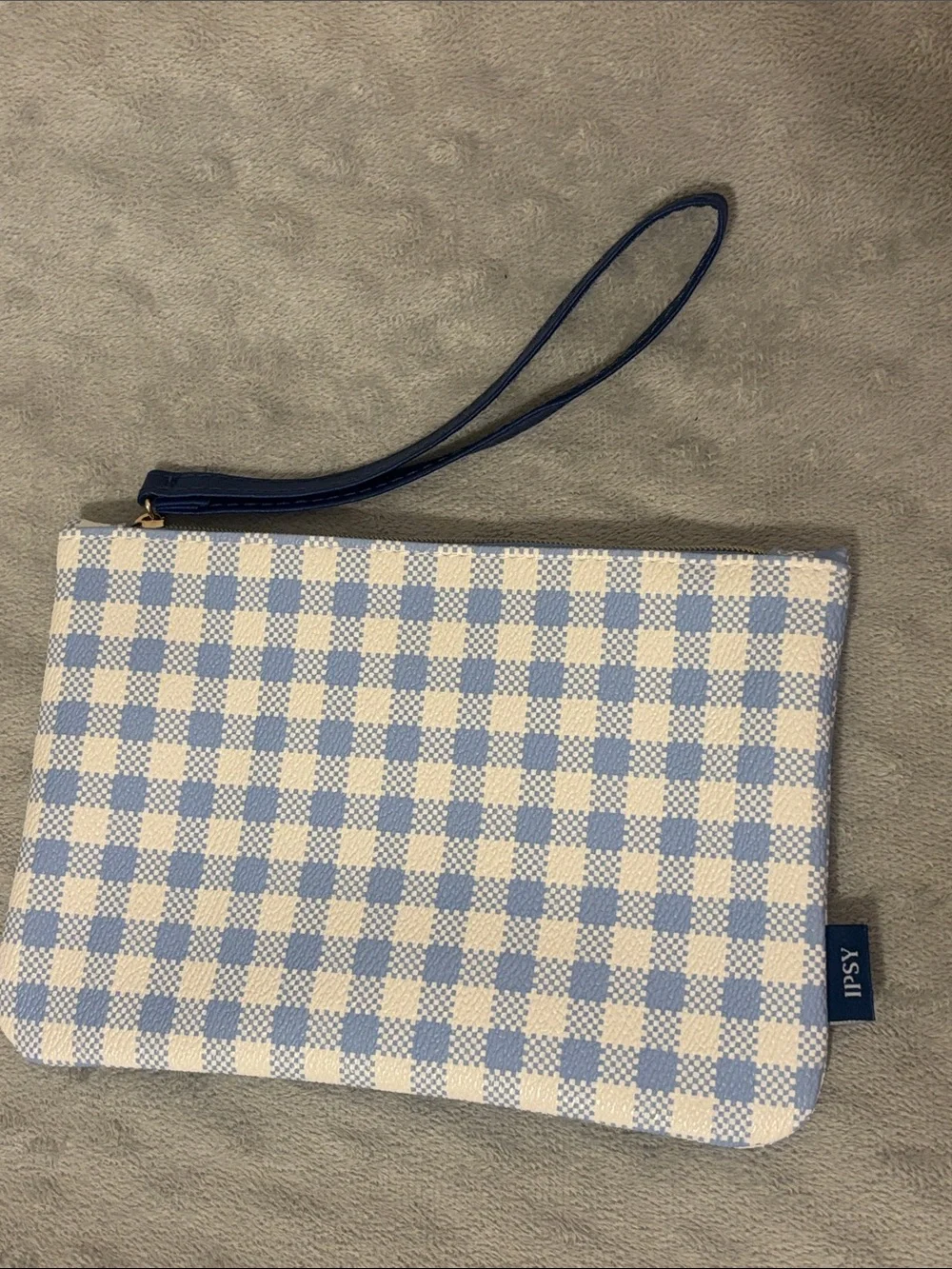 ipsy Blue and White Gingham Wristlet Pouch with Strap